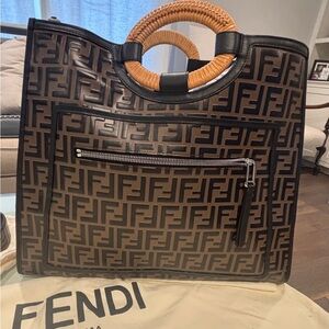 Fendi Runaway Shopping Black and Brown Zucca Leather Tote/Matching Strap